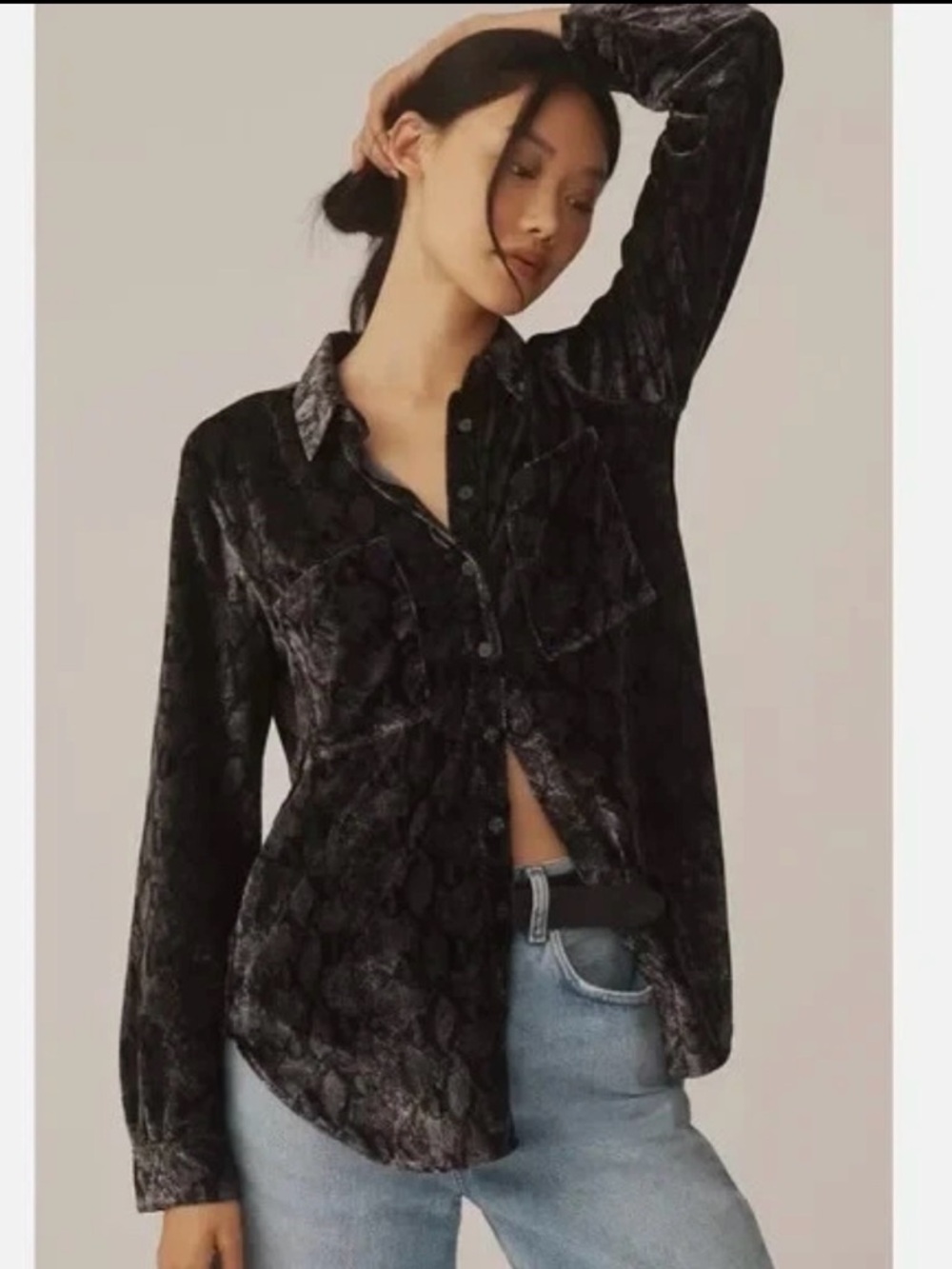 NWT Anthropologie Pilcro Black and Grey Snake Crushed Velvet Button-Down Shirt